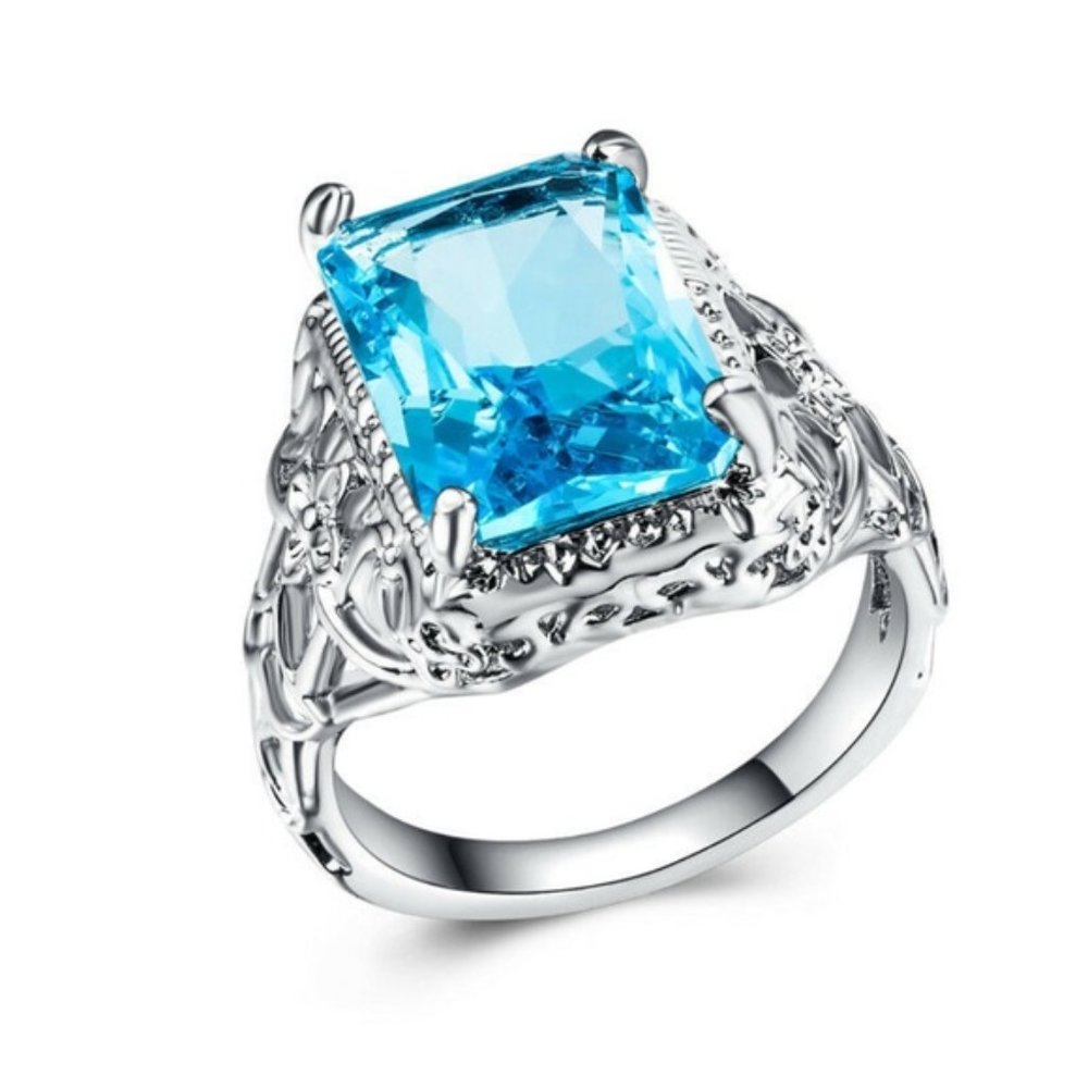 925 Silver Princess Cut Aquamarine Size 7 New - Picture 2 of 4